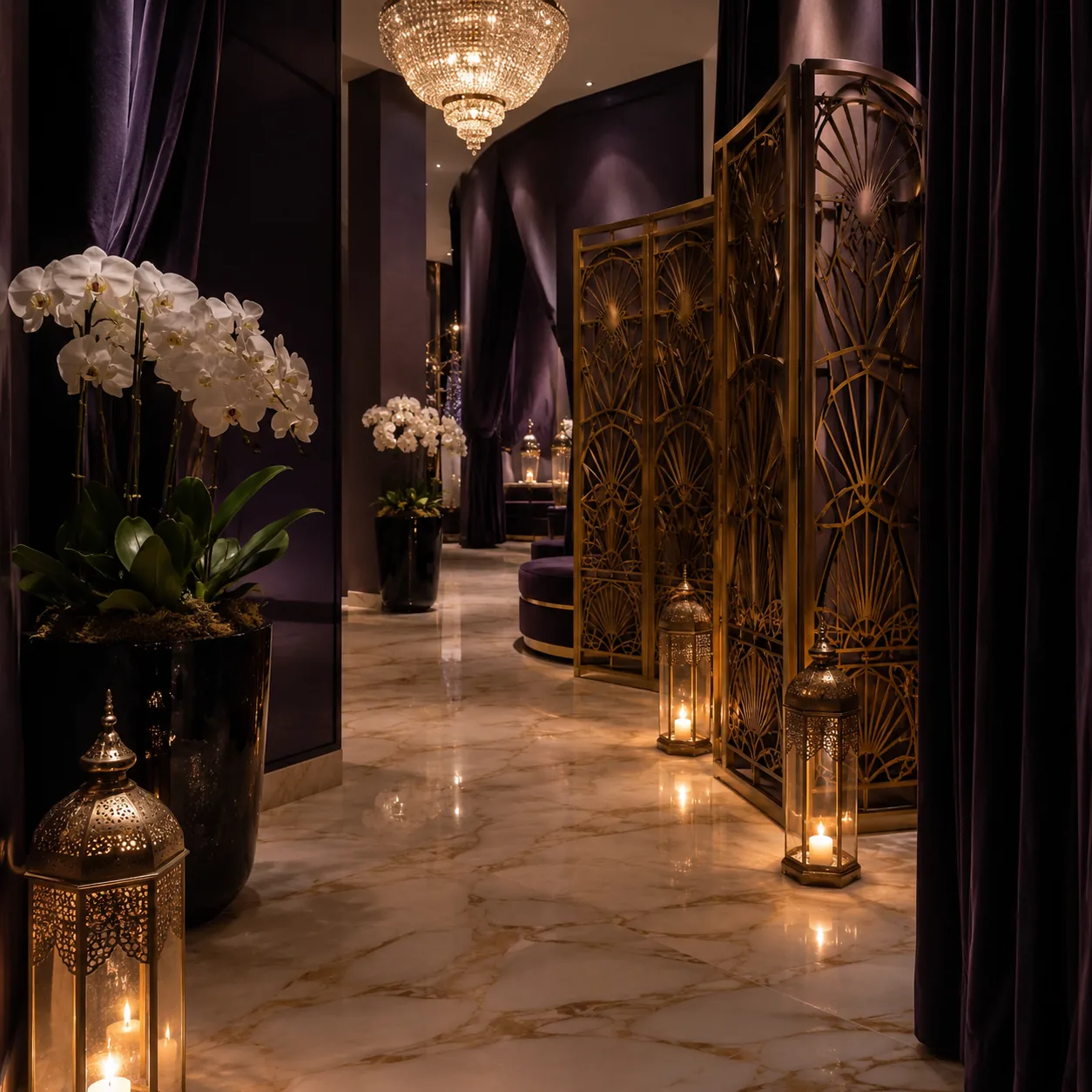 Giriş holü, avize ve paravan — Lila Spa, Başakşehir misafirlerine hizmet veren salon