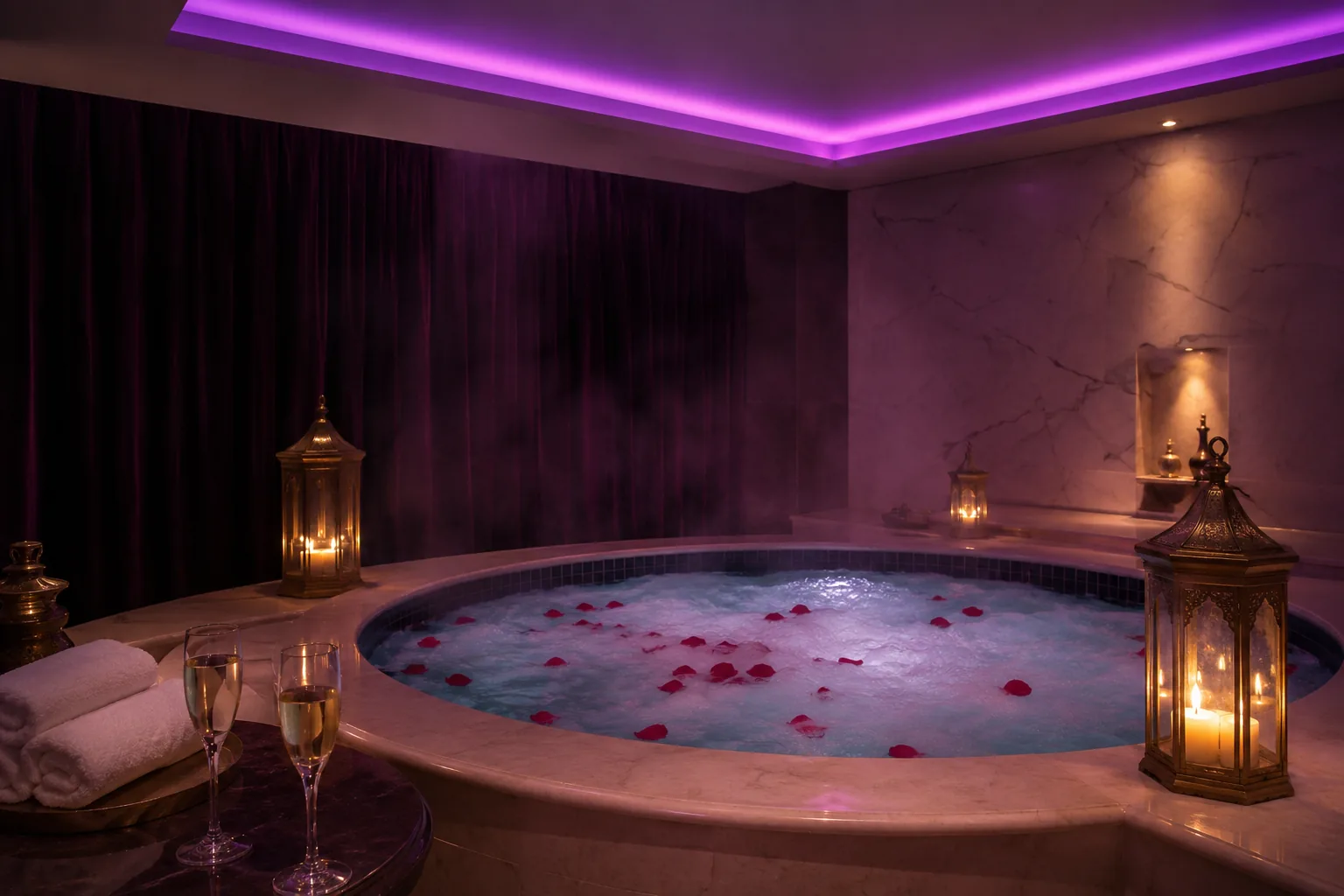 Jakuzili vip odanın mor ışıklı hâli — Lila Spa, Başakşehir misafirlerine hizmet veren salon